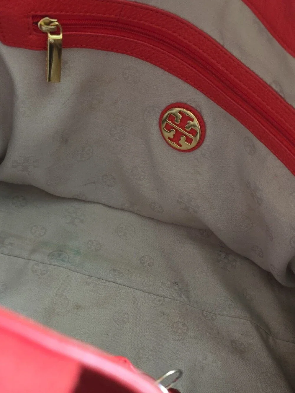 Tory Burch Red/Orange Pebbled Leather Tote with Logo Medallion